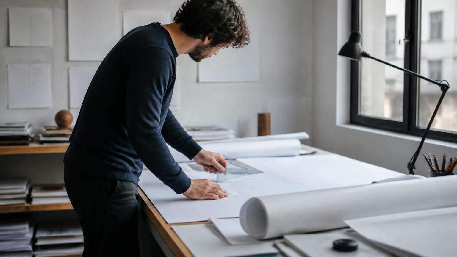 A designer leaning over large drawings on a studio desk, holding a triangular scale ruler.